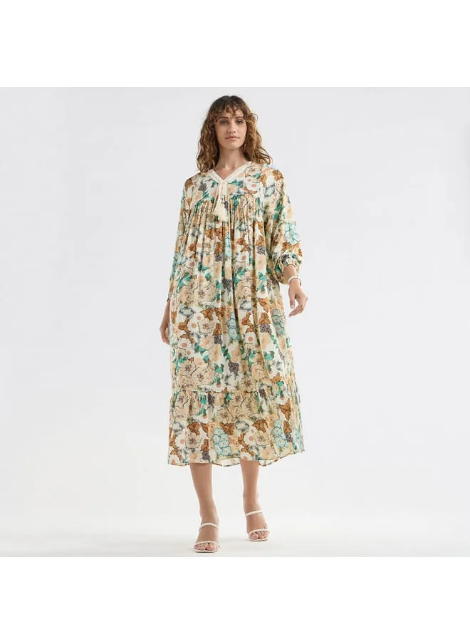 FAV Floral Print A-line Midi Dress with V-neck and Lace Detail