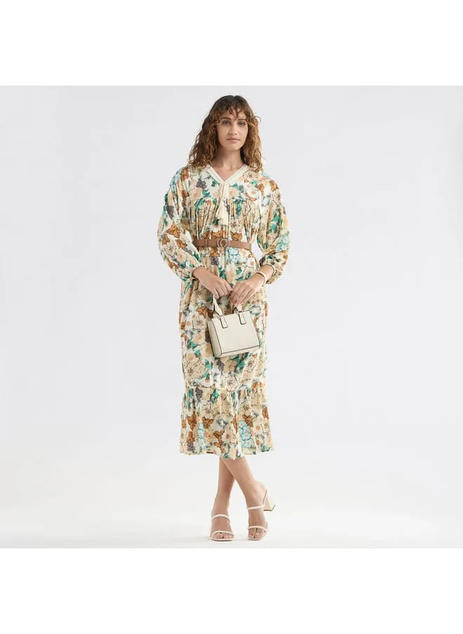 FAV Floral Print A-line Midi Dress with V-neck and Lace Detail