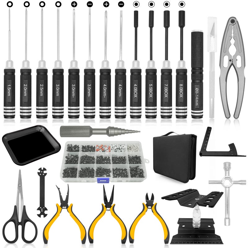 OGUNKE OGRC Tool Kit Screwdriver Set Flat Phillips Hex RC Work Stand 522PCS Screw Kit Pliers Set Body Reamer Wrench Tray Repair Tools for RC Car Boat Quadcopter Helicopter 26pcs Black - Image 2