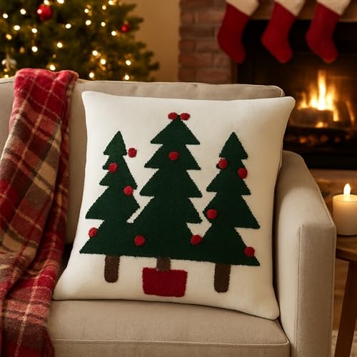 The Purple Tree Pine Tree Christmas Embroidered Cushion (Pack of 1, 16x16 inch) Christmas Decor Cushion, Xmas Gift, Best Gift for Christmas - Image 1
