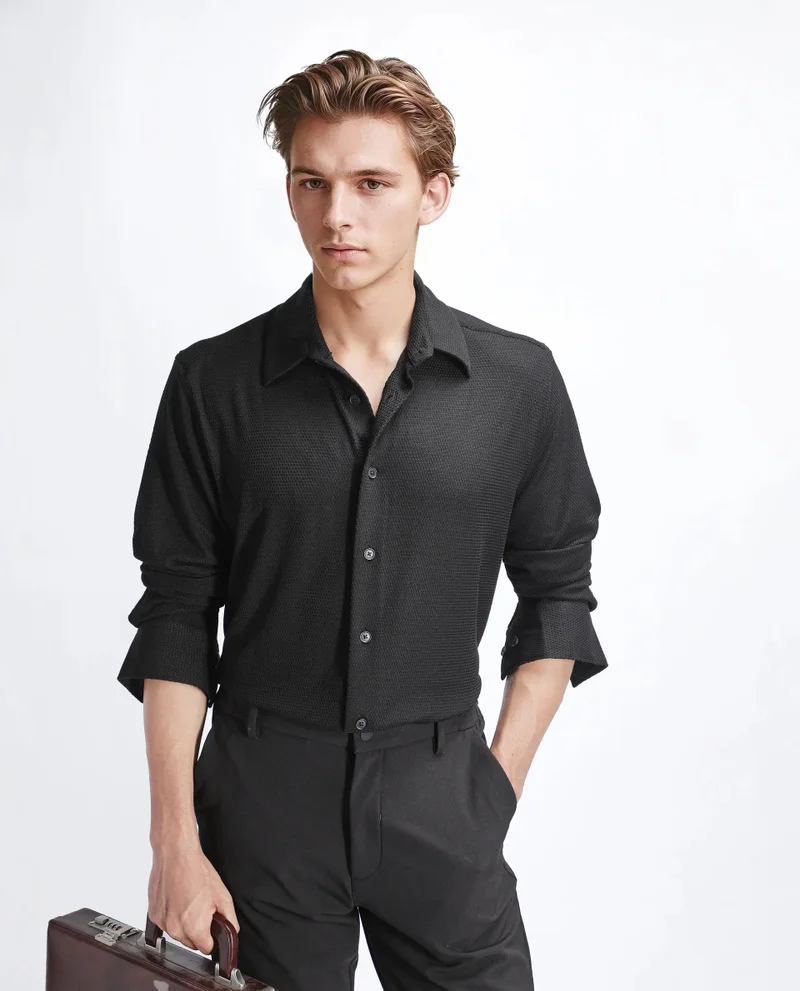 Rare Rabbit Rare Rabbit Men's Tobbit Black Cotton Fabric Full Sleeve Collared Neck Button Closure Textured Shirt