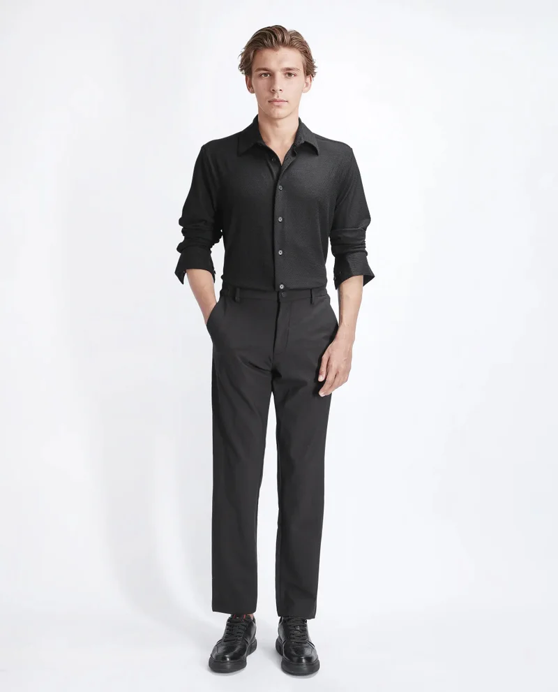 Rare Rabbit Rare Rabbit Men's Tobbit Black Cotton Fabric Full Sleeve Collared Neck Button Closure Textured Shirt