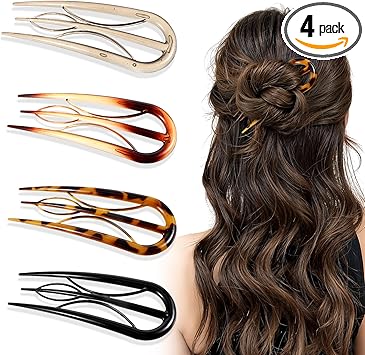 Bremorou 4 Pcs French Twist Hair Pin French Hair Pin U Shaped Hair Pins Retro Fork Hair Pin Internal Teeth Hair Clips Tortoise Shell Large Hair Styling Pins Hairstyle Accessories For Girl Women Thin Thick Hair - Image 1