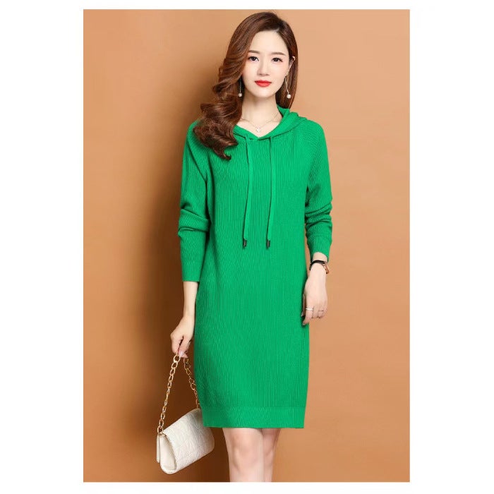 Early Autumn 2024 Hooded Knitted dress Spring and Autumn Mid-length Autumn Slim Fit Womens Dress 8 Color Sweater Dress Green - Image 1