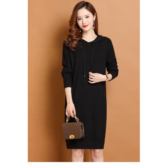 Early Autumn 2024 Hooded Knitted dress Spring and Autumn Mid-length Autumn Slim Fit Womens Dress 8 Color Sweater Dress Green - Image 2