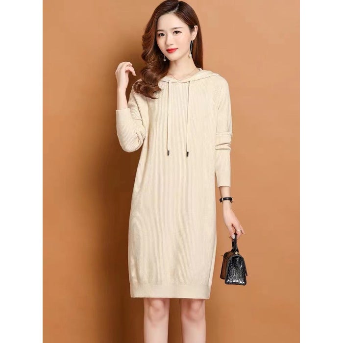 Early Autumn 2024 Hooded Knitted dress Spring and Autumn Mid-length Autumn Slim Fit Womens Dress 8 Color Sweater Dress Green - Image 3