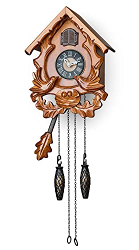 TIMEGEAR Cuckoo Clock with Night Mode, Singing Bird and Carved Wood Decorations (Cherry) - Image 1