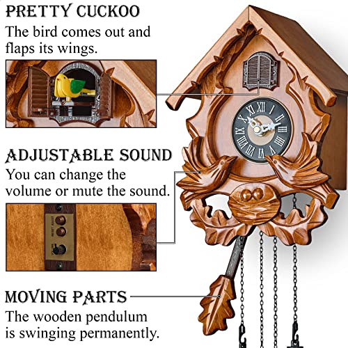 TIMEGEAR Cuckoo Clock with Night Mode, Singing Bird and Carved Wood Decorations (Cherry) - Image 3