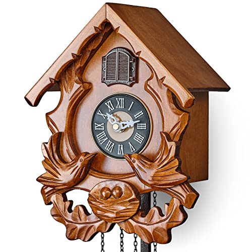 TIMEGEAR Cuckoo Clock with Night Mode, Singing Bird and Carved Wood Decorations (Cherry) - Image 5