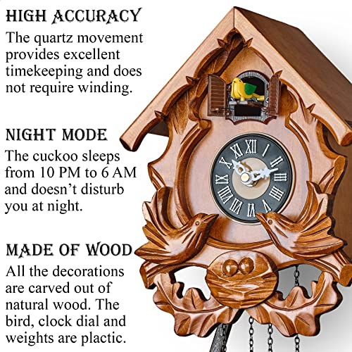 TIMEGEAR Cuckoo Clock with Night Mode, Singing Bird and Carved Wood Decorations (Cherry) - Image 2