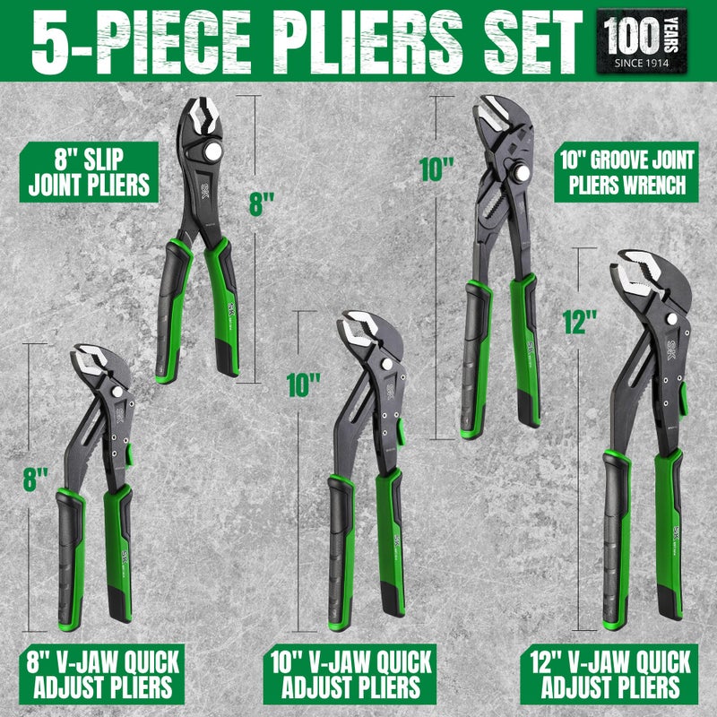 SK 5-Piece Pliers Set, 8" Adjustable Joint, 8", 10" and 12" Quick Adjust V-Jaw Groove Joint, 10" Pliers Wrench, Premium CR-V Construction, with EVA Foam Tool Organizer - Image 3