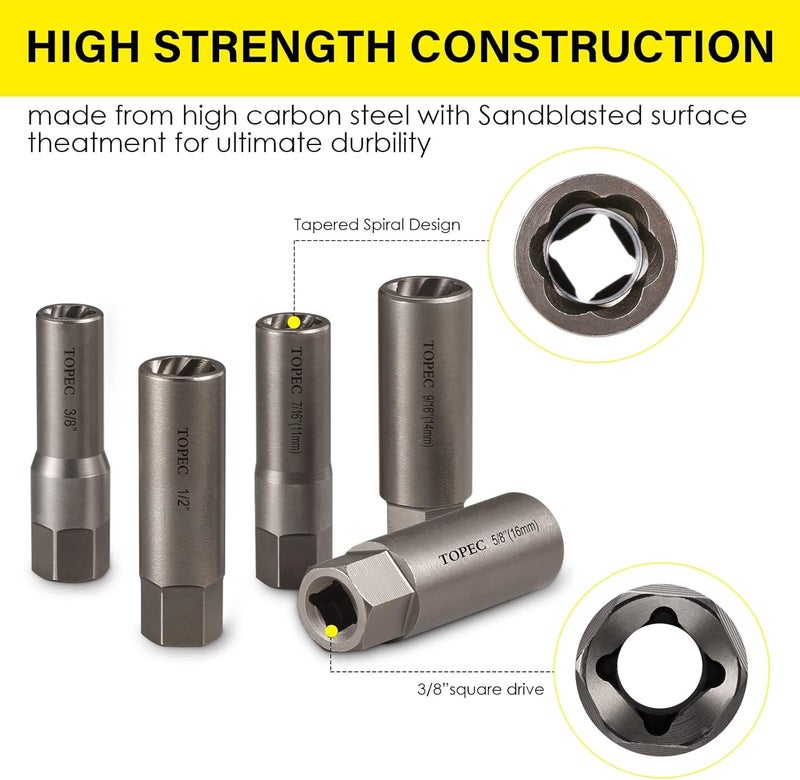 Topec 5Piece Spiral Type Deep Extractor Set Spark Plug Easyout Set for Removing Deeply trapped and Broken Bolts Studs Fittings Threaded Pipes and Pins - Image 3
