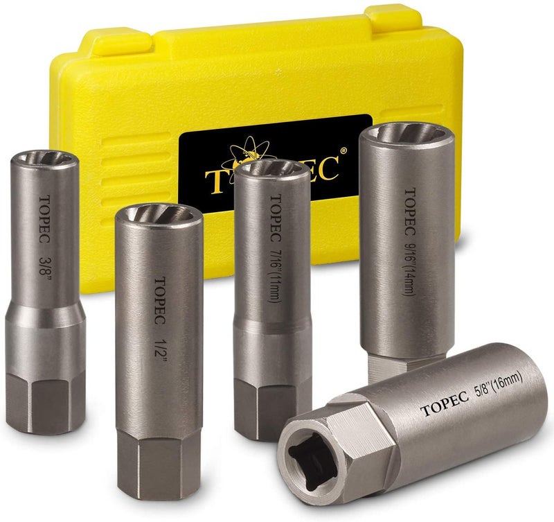 Topec 5Piece Spiral Type Deep Extractor Set Spark Plug Easyout Set for Removing Deeply trapped and Broken Bolts Studs Fittings Threaded Pipes and Pins - Image 1