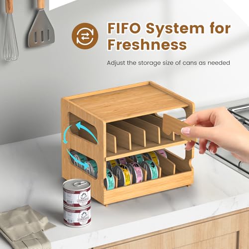 Teamkio Can Organizer for Pantry, Bamboo Pantry Organizer, 2 Tier Stackable Can Storage Rack Ideal for 36 Human and Pet Food Cans(FIFO) - Image 3