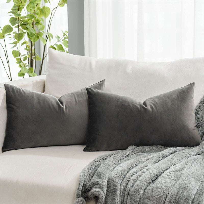 QUAFOO Ash Soft Lumbar Velvet Throw Pillow Covers 16x24 inch Set of 2 for Sofa Couch Bed Living Room Decorative Luxury Solid Rectangle Cushion Covers Case with Zipper