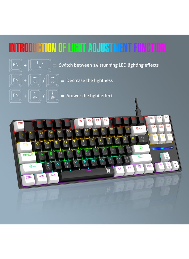 Rock Pow - 75% Gaming Keyboard Arabic English 87 Keys Mechanical Keyboard with RGB Backlit 19 Modes Wired Mini Keyboard PBT Keycaps for PC Gaming and Working (Red Switch) - Image 1