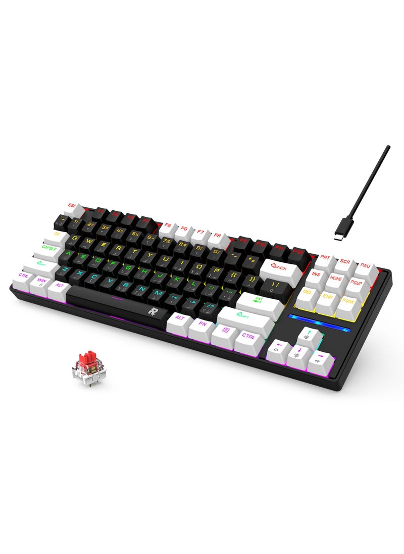 Rock Pow - 75% Gaming Keyboard Arabic English 87 Keys Mechanical Keyboard with RGB Backlit 19 Modes Wired Mini Keyboard PBT Keycaps for PC Gaming and Working (Red Switch) - Image 1