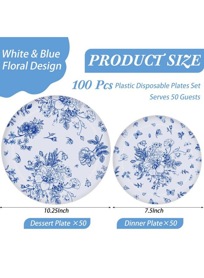 Mifoci 100 Pcs Blue and White Floral Plastic Plates Set for 50 Guests, 50 Pcs 10.25 in Dinner Plates and 50 Pcs 7.5 in Dessert Plates Disposable Plastic Plates for Wedding Bridal Baby Shower Tea Party - Image 2