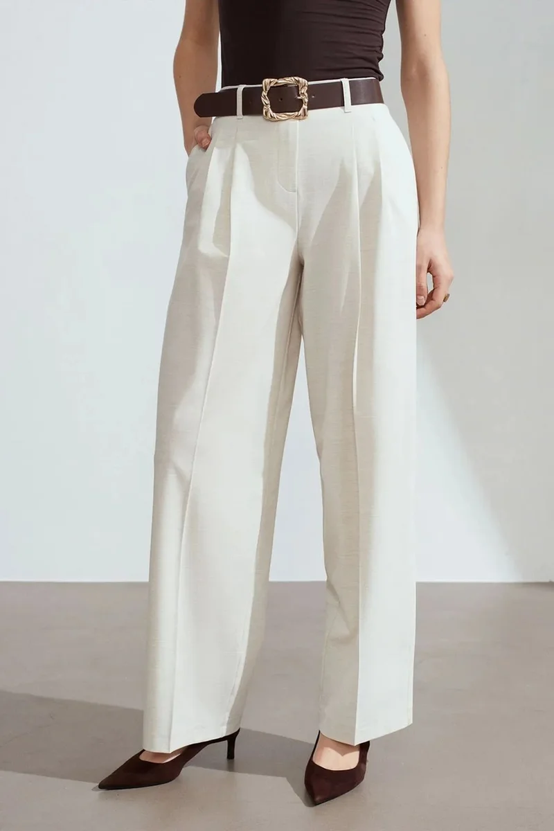 Dilvin Cream Natural DILVIN Belted Wide-leg Palazzo Trousers for Women | Best Price UAE