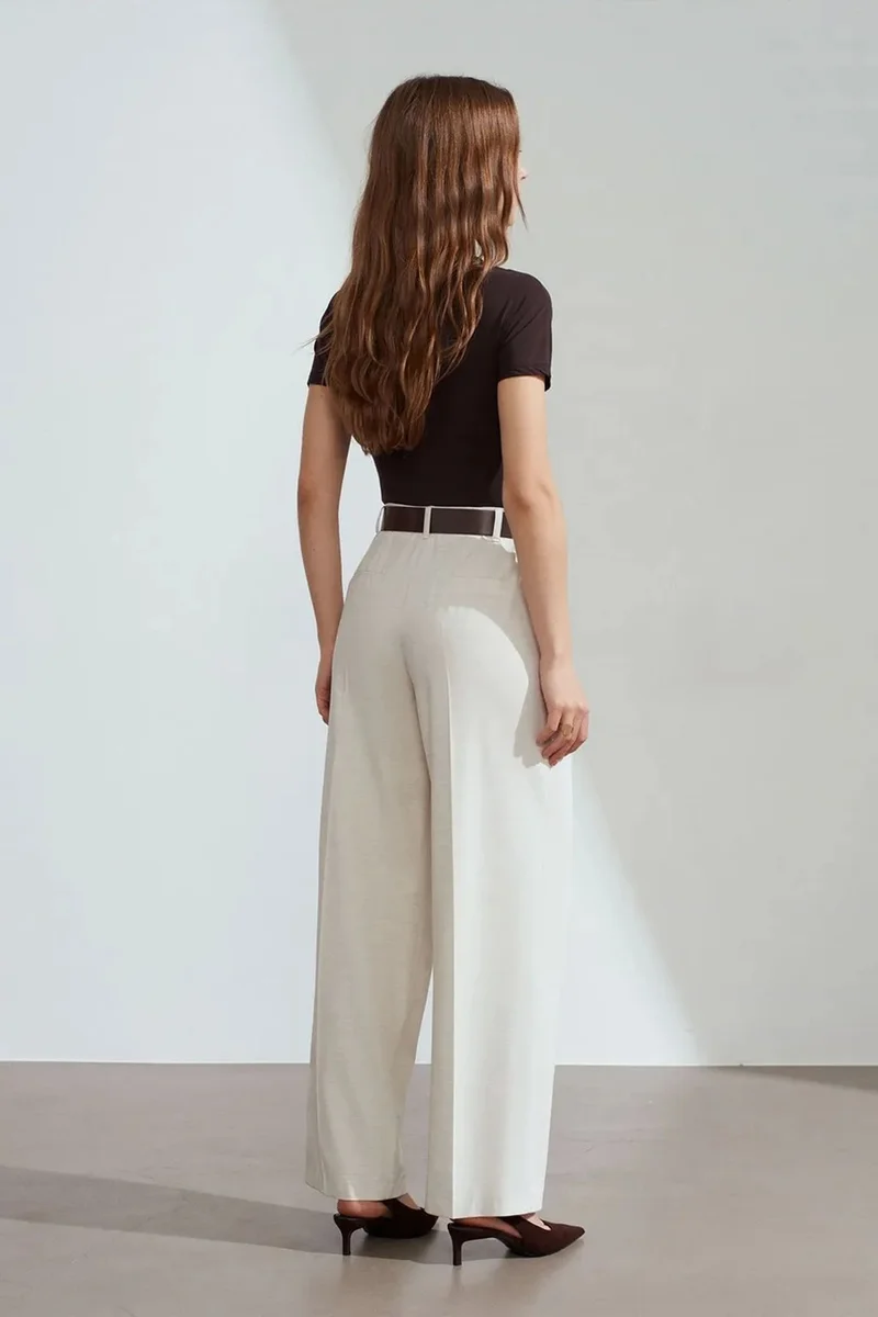 Dilvin Cream Natural DILVIN Belted Wide-leg Palazzo Trousers for Women | Best Price UAE