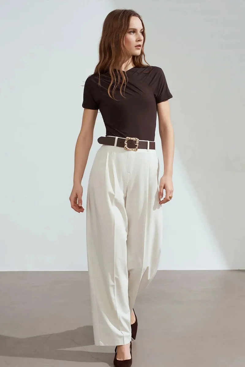 Dilvin Cream Natural DILVIN Belted Wide-leg Palazzo Trousers for Women | Best Price UAE