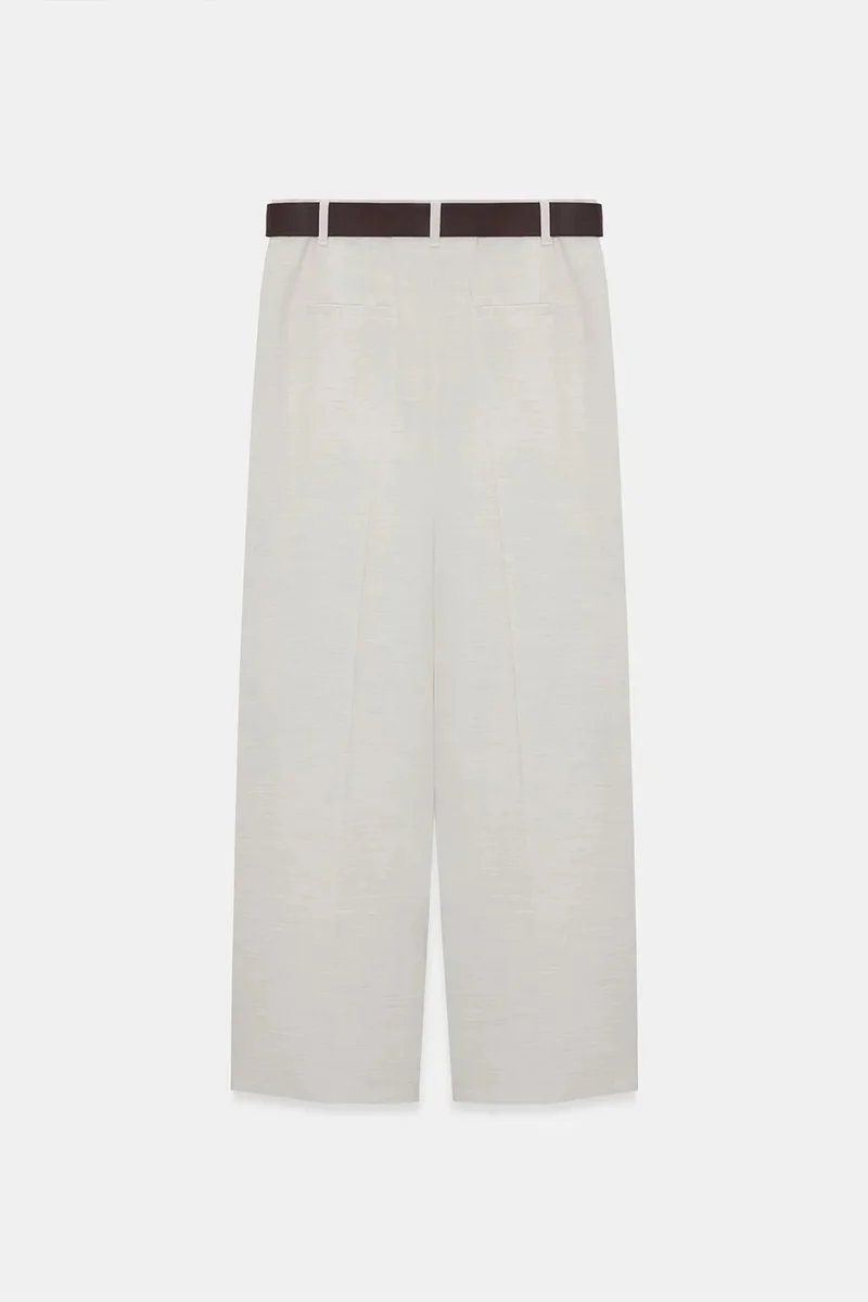 Dilvin Cream Natural DILVIN Belted Wide-leg Palazzo Trousers for Women | Best Price UAE