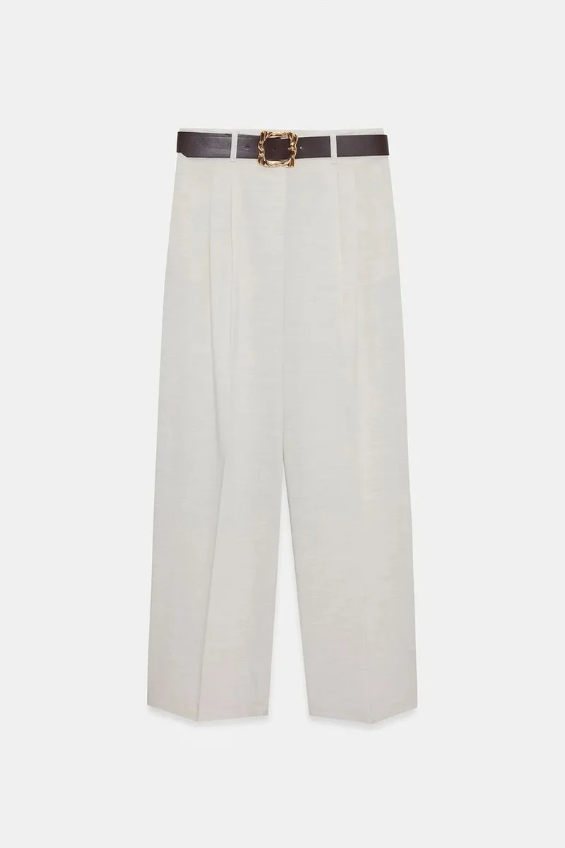 Dilvin Cream Natural DILVIN Belted Wide-leg Palazzo Trousers for Women | Best Price UAE