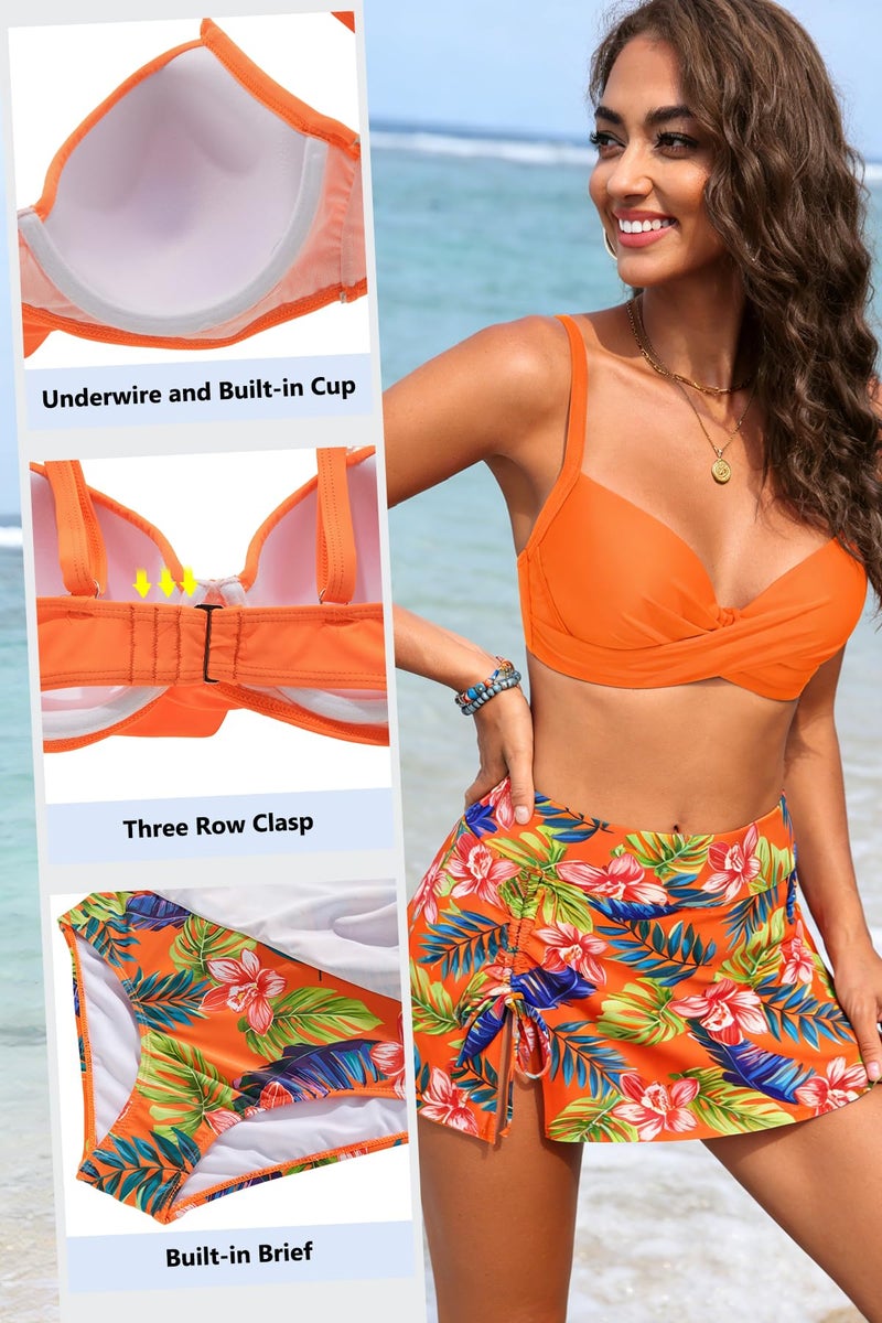 Yonique Women's Underwire Bikini with Swim Skirt - 2026 Tummy Control Two Piece Bathing Suit High Waisted Push Up Swimwear Orange Flowers L - Image 4