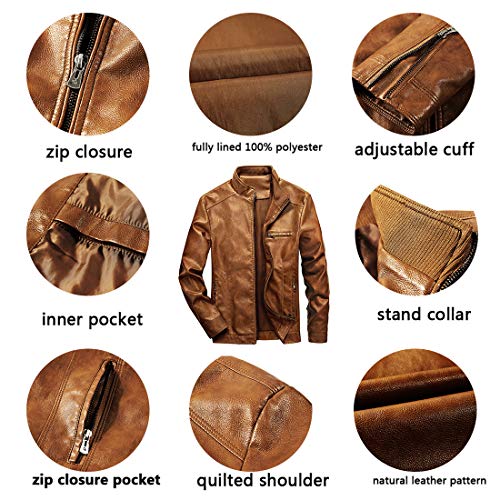 WULFUL Men's Stand Collar Leather Jacket Motorcycle Lightweight Faux Leather Outwear - Image 2