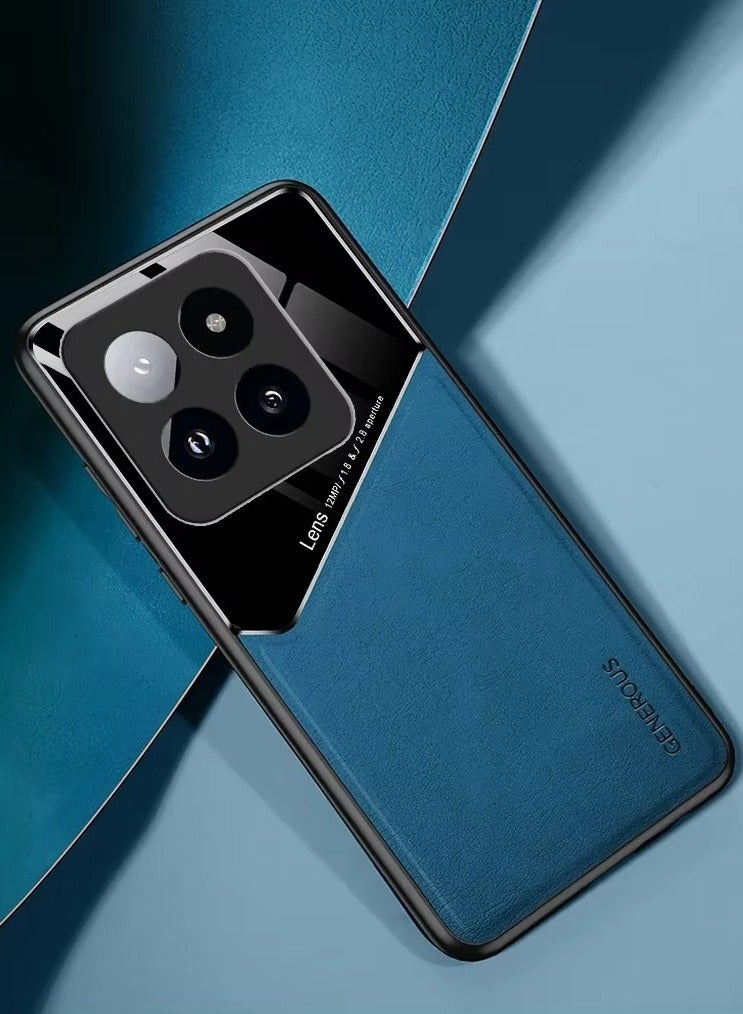 حافظة متوافقة مع هاتف Xiaomi 14T/14T Pro، غطاء جلد فاخر وزجاج مع حامل مغناطيسي للسيارة وغطاء هاتف إطار ناعم من السيليكون - أزرق - Image 1