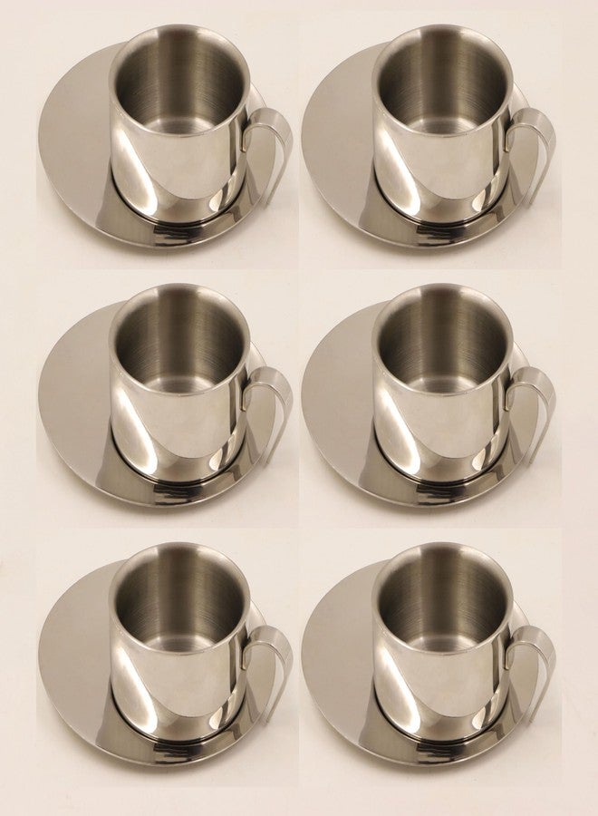 Spillbox طقم أكواب وصحون من الفولاذ المقاوم للصدأ من Spillbox | كوب قهوة مع طبق | كوب شاي مع طبق | جدار مزدوج | كوب بمقبض | أكواب غير قابلة للكسر | سطح مصقول لامع | خالٍ من مادة BPA | (عبوة من 6 قطع) - Image 1
