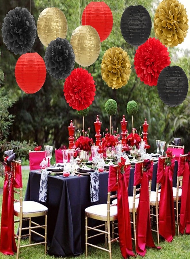 Hugfond Red-Black Gold Party-Decorations Paper Flowers Lanterns - 15PCS Casino Theme Graduation Tissue Pom Poms Streamers,Game Night Women Men Birthday Wedding Bachelorette Hanging Supplies Decor - Image 4