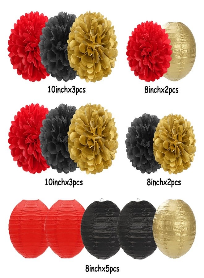 Hugfond Red-Black Gold Party-Decorations Paper Flowers Lanterns - 15PCS Casino Theme Graduation Tissue Pom Poms Streamers,Game Night Women Men Birthday Wedding Bachelorette Hanging Supplies Decor - Image 2
