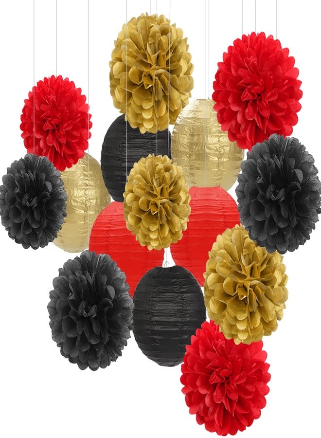 Hugfond Red-Black Gold Party-Decorations Paper Flowers Lanterns - 15PCS Casino Theme Graduation Tissue Pom Poms Streamers,Game Night Women Men Birthday Wedding Bachelorette Hanging Supplies Decor - Image 1