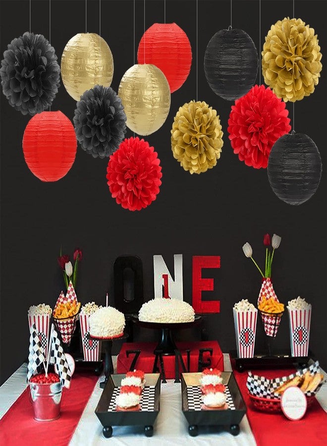 Hugfond Red-Black Gold Party-Decorations Paper Flowers Lanterns - 15PCS Casino Theme Graduation Tissue Pom Poms Streamers,Game Night Women Men Birthday Wedding Bachelorette Hanging Supplies Decor - Image 3