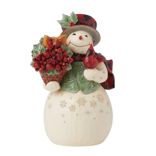 Enesco Jim Shore Heartwood Creek Highland Glen Snowman with Poinsettia Basket Figurine Stone Resin Hand Painted Crafted Collectible Snowman Figurines Christmas Home Decor Statue 728 Inch - Image 1