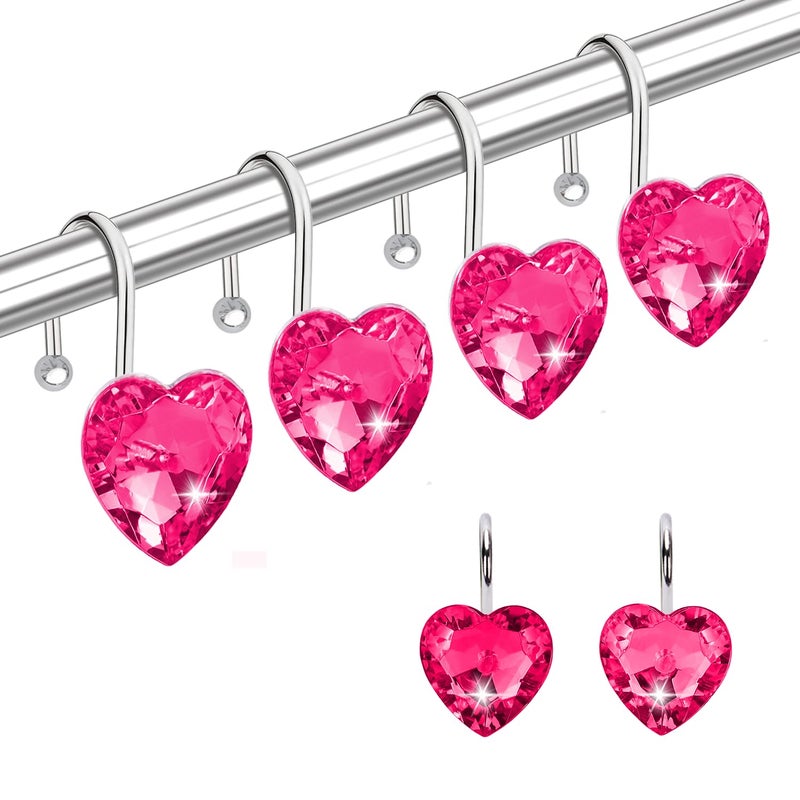 Yapicoco Shower Curtain Hooks Rings for Bathroom, 12PCS Heart Stainless Steel Rust Resistant Decorative Rhinestones Shower Curtain Rings Hangers for Shower Curtains (Single Hook Hot Pink) - Image 1