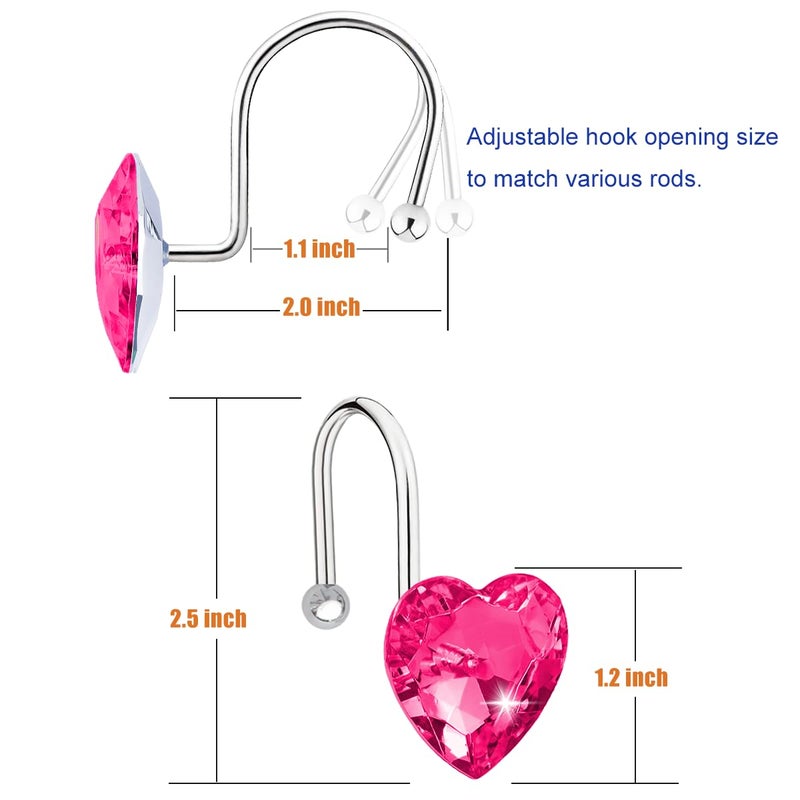 Yapicoco Shower Curtain Hooks Rings for Bathroom, 12PCS Heart Stainless Steel Rust Resistant Decorative Rhinestones Shower Curtain Rings Hangers for Shower Curtains (Single Hook Hot Pink) - Image 2