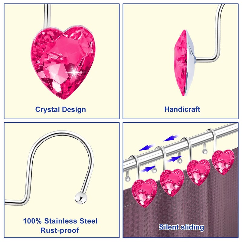 Yapicoco Shower Curtain Hooks Rings for Bathroom, 12PCS Heart Stainless Steel Rust Resistant Decorative Rhinestones Shower Curtain Rings Hangers for Shower Curtains (Single Hook Hot Pink) - Image 3
