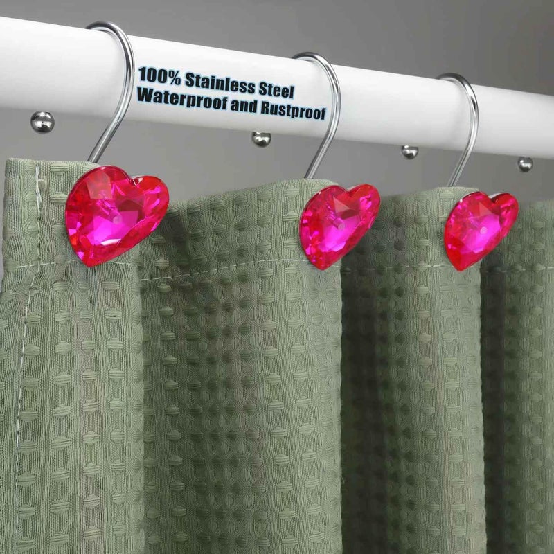 Yapicoco Shower Curtain Hooks Rings for Bathroom, 12PCS Heart Stainless Steel Rust Resistant Decorative Rhinestones Shower Curtain Rings Hangers for Shower Curtains (Single Hook Hot Pink) - Image 4