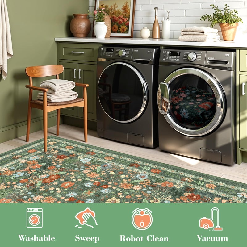 Deerly Green Floral Area Rug 5x7 Vintage Boho Washable Non-Slip Living Room Carpet Soft Low Pile Thin Bedroom Floor Mat Indoor Home Decor for Dining Room Playroom Nursery Farmhouse, Green/Multi - Image 5