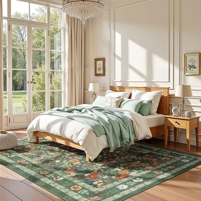 Deerly Green Floral Area Rug 5x7 Vintage Boho Washable Non-Slip Living Room Carpet Soft Low Pile Thin Bedroom Floor Mat Indoor Home Decor for Dining Room Playroom Nursery Farmhouse, Green/Multi - Image 2