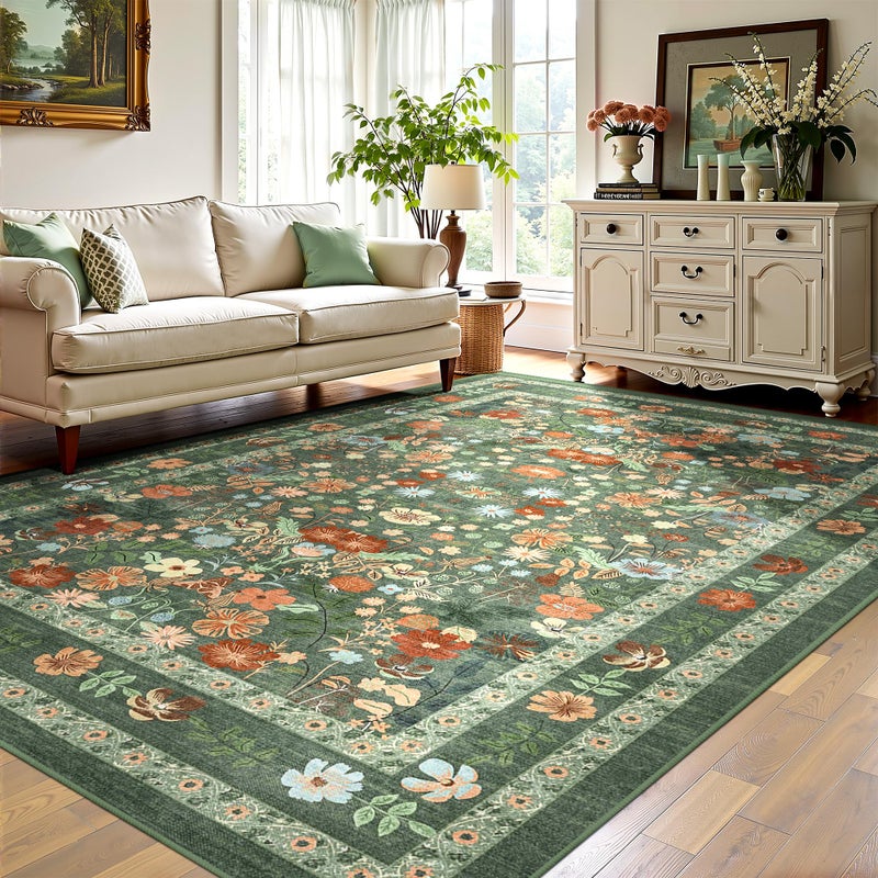Deerly Green Floral Area Rug 5x7 Vintage Boho Washable Non-Slip Living Room Carpet Soft Low Pile Thin Bedroom Floor Mat Indoor Home Decor for Dining Room Playroom Nursery Farmhouse, Green/Multi - Image 1