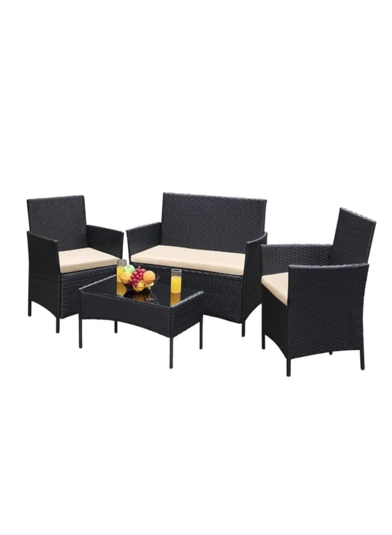 Rattan set of sofa, two chairs and a table from Sweet Furniture for gardens, villas and roofs, black with beige cushions, without glass