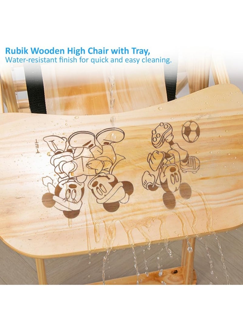 Rubik Baby High Chair with Cartoon Printed Tray Cushion and Safety Belt, Wooden Foldable Dinning Highchair for Kids Toddler Feeding (Beige, 20cm Tray) - Image 2