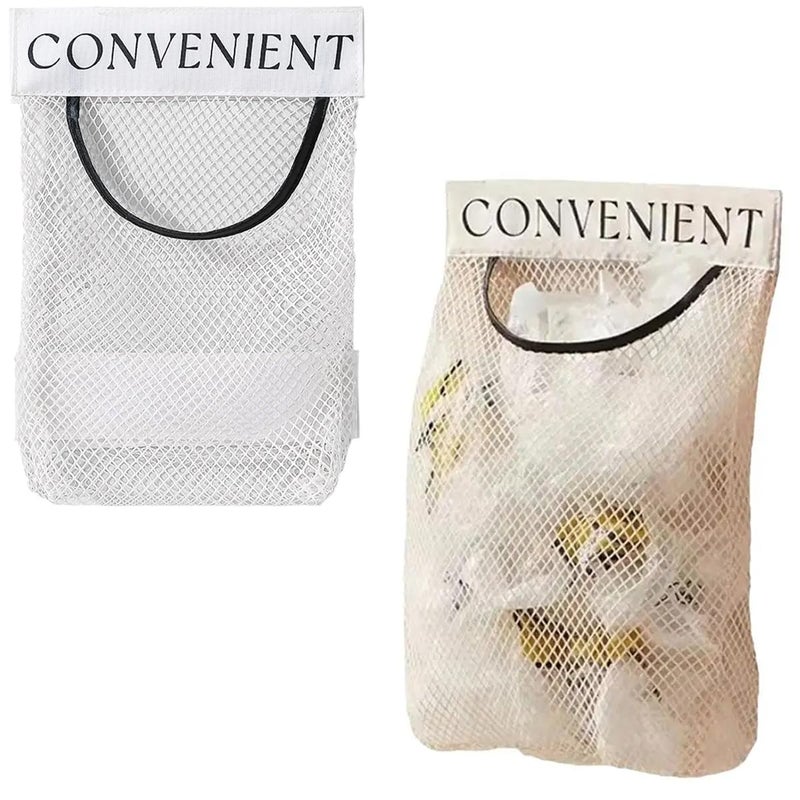 DraCra 2 Pack Trash Bag Holder Dispenser Sticky Wall Mount Mesh Convenient Storage Organizer for Home Kitchen Grocery Plastic Shopping Garbage Bags Reusable Produce Tote Bag - Image 1
