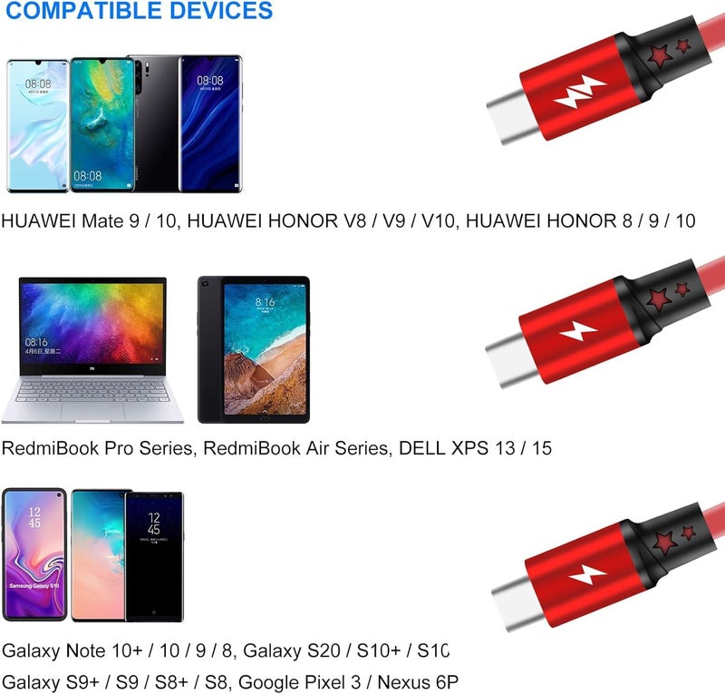 كابل شحن سريع من نوع USB Type C قابل للسحب [3.3 قدم، 3 قطع]، كابل شاحن من USB A إلى C، كابل شحن متزامن للبيانات QC 3.0 مع 3 منافذ USB C، مناسب لهاتف Phone 15 Pro Max Plus و Pad Pro و Galaxy S23 (أحمر) - Image 4