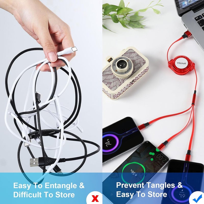 كابل شحن سريع من نوع USB Type C قابل للسحب [3.3 قدم، 3 قطع]، كابل شاحن من USB A إلى C، كابل شحن متزامن للبيانات QC 3.0 مع 3 منافذ USB C، مناسب لهاتف Phone 15 Pro Max Plus و Pad Pro و Galaxy S23 (أحمر) - Image 5