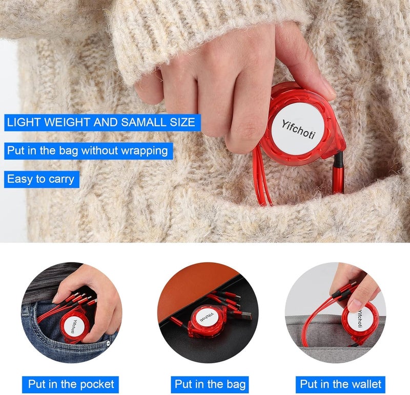 كابل شحن سريع من نوع USB Type C قابل للسحب [3.3 قدم، 3 قطع]، كابل شاحن من USB A إلى C، كابل شحن متزامن للبيانات QC 3.0 مع 3 منافذ USB C، مناسب لهاتف Phone 15 Pro Max Plus و Pad Pro و Galaxy S23 (أحمر) - Image 2