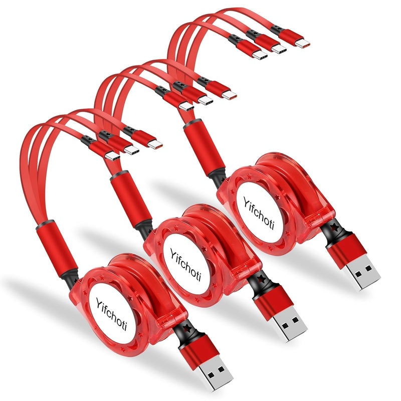 كابل شحن سريع من نوع USB Type C قابل للسحب [3.3 قدم، 3 قطع]، كابل شاحن من USB A إلى C، كابل شحن متزامن للبيانات QC 3.0 مع 3 منافذ USB C، مناسب لهاتف Phone 15 Pro Max Plus و Pad Pro و Galaxy S23 (أحمر) - Image 1